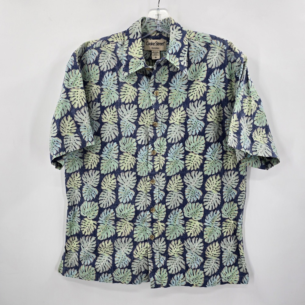 Cooke Street Honolulu Mens Small Blue Green Monstera‎ Leaf Aloha Hawaiian Shirt